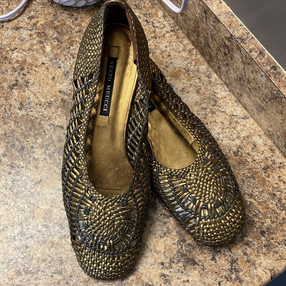 Sesto Meucci Metallic Gold Woven Leather Flats